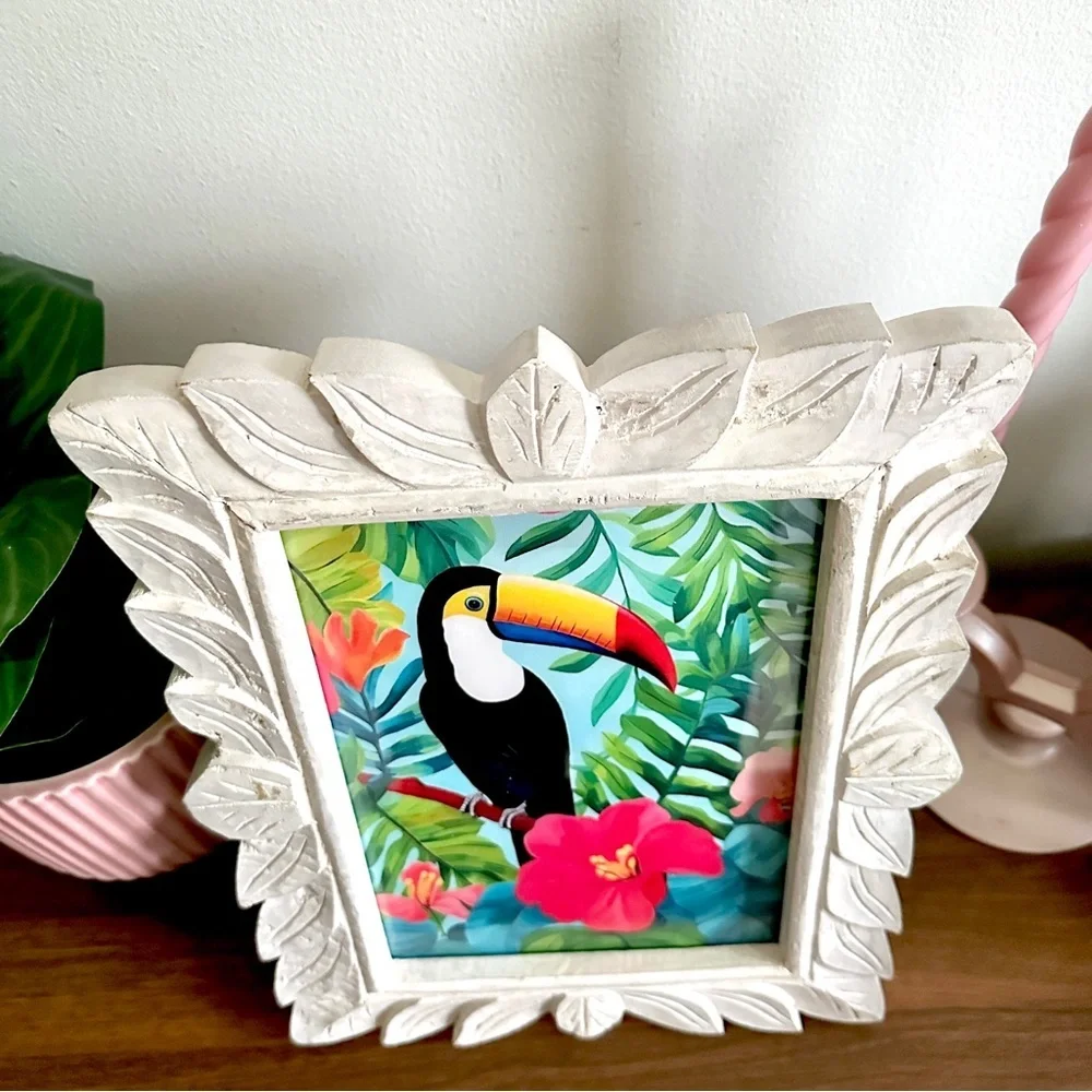 Toucan Canvas Art Print Wood Carved Leaf Frame Jungle Tropical Wall Art Floral